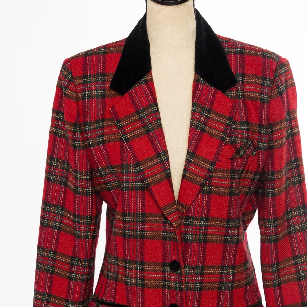 Vintage wool tartan plaid blazer with black velvet trim & buttons M - Picture 4 of 16